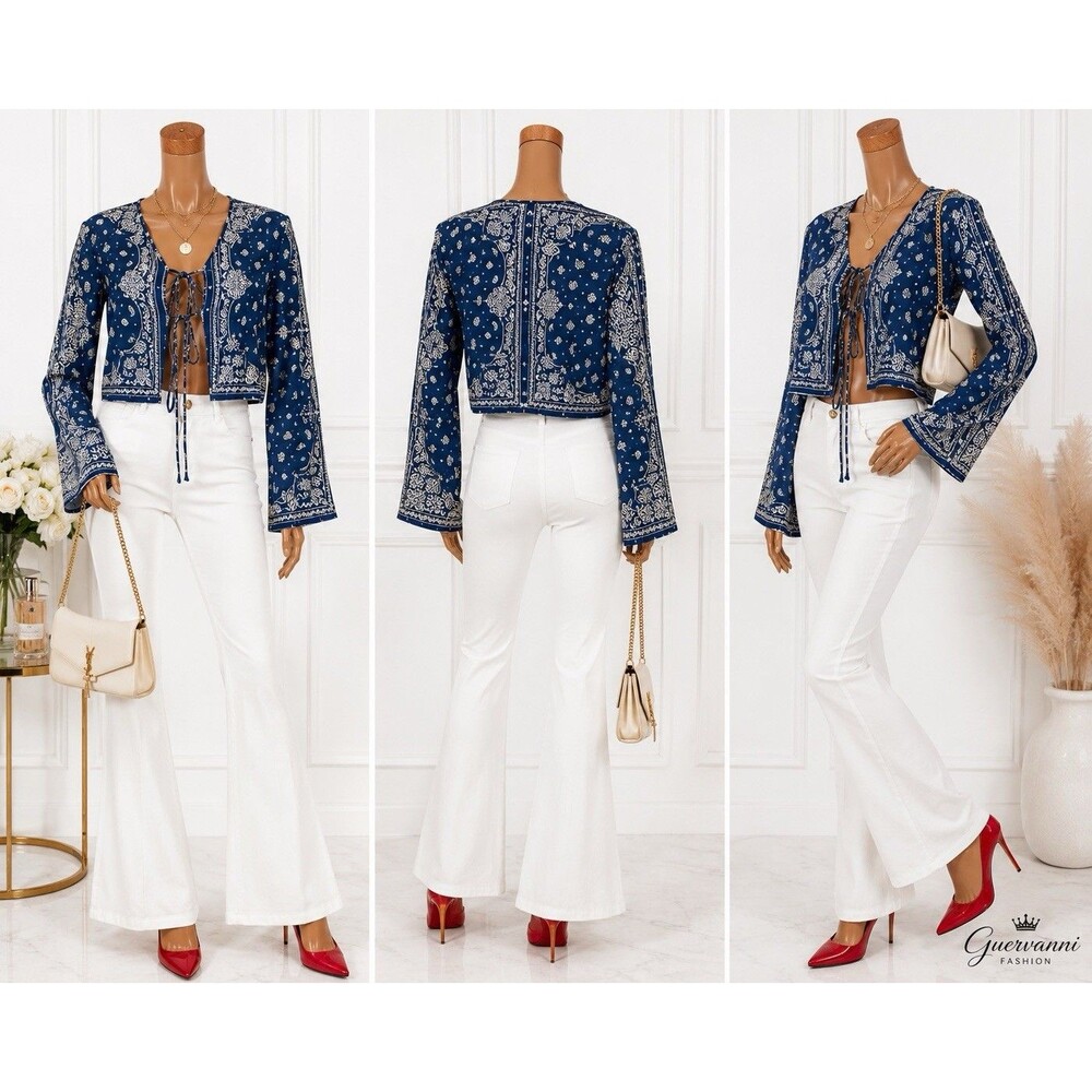 Gianni Bini Navy Blue Paisley Tie-Front Cropped Blouse